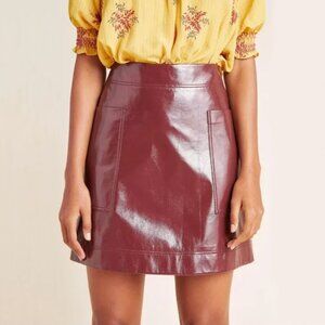 Anthropologie Maeve Faux Patent Leather Skirt Burgundy Maroon Red Shiny Pockets